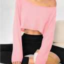 Women's Asymmetrical Off Shoulder Crop Tops Long Sleeve Ribbed Knit Lettuce Trim T Shirts (Pink, M)
