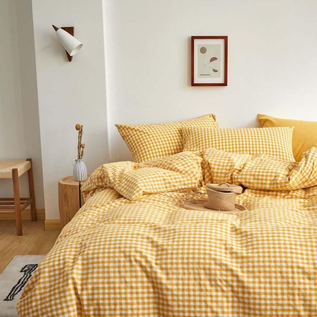 Gingham Duvet Cover Yellow Queen Size 100% Washed Cotton White Checkered Duvet Cover Full Soft Plaid Grid Bedding Set Comforter Cover 3 Piece Zipper Closure,Durable,Breathable