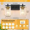 2-Lights Black and Gold Bathroom Light Over Mirror with Square Glass Shade and Metal Base, Gold Wall Vanity Lights for Bedroom, Stairs, Living Room, Hallway