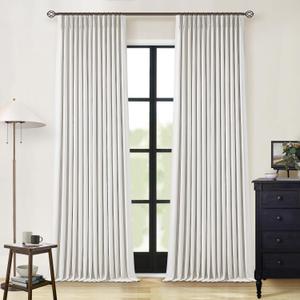 Beige White Pinch Pleated Full Blackout Curtains 2 Panels Set Linen Room Darkening 100% Black Out Window Curtains 96 Inch for Living Room Bedroom Thermal Insulated Pinch Pleat Drapes with Hooks Rings