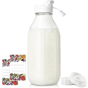 Syntic Square Liter Glass Milk Bottles with Airtight Lid - 100% Leak-Proof Heavy Duty Screw Cap, 32 Oz Glass Juice Bottles w Scale Mark, Reusable Jugs Pitcher for Homemade Juice(Extra 1 Lid and Pen)