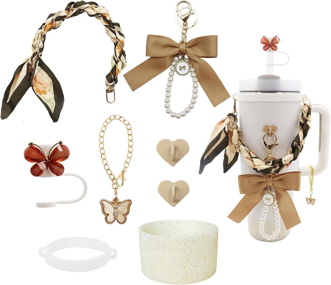 Stanley Cup Accessories set for 40oz & 30oz Tumbler including Water Bottle Handle StrapBow KeychainCup RingBling Silicone Bootsbutterfly Straw TopperCharm Accessories for Stanley (brown)