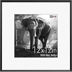 VCK 12x12 Aluminum Black Picture Frames with Mat for 8x8 Picture or 12x12 without Mat, Metal Square Photo Frame with Real Tempered Glass For Wall (1 Pack) 