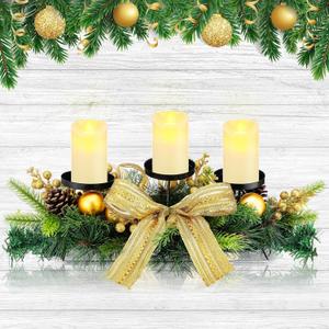 meekoo Christmas Centerpiece with 3 Candle Holders 3 LED Candles 1 String Lights Xmas Triple Candelabrum Bow Berry Pine Cones with 3 Candle Holders for Tables Home Decorations (Glitter Style)