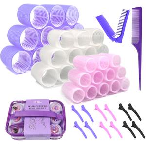 Hair Rollers Large Small 50PCS Set, 36PC Large Medium Small Hair Rollers for Volume Curlers with 12PC Clips 1 Tail Comb and 1 Folding Brush Comb for Short Medium Blowout Look Long Hair (Pink/White/Purple)