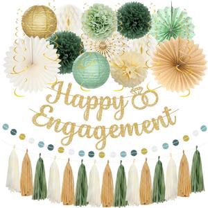 Roetyce Engagement Party Decorations, Green and Gold Glitter Happy Engagement Banner, Almost Married/Just Engaged Photo Background, Sage Green Congratulations Wedding Bachelorette Backdrop Decor