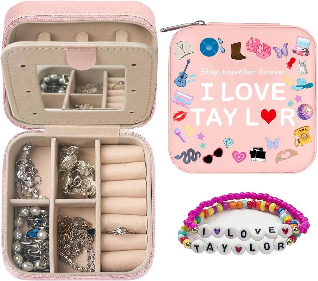 GLOONITY Jewelry Box as Christmas Gifts for Teens, Taylor Merchandise, Small Jewelry Case with Mirror and 2 Pcs Bracelets for Fans, Taylor Merch Jewelry Box as Birthday Gifts for Girls - Pink