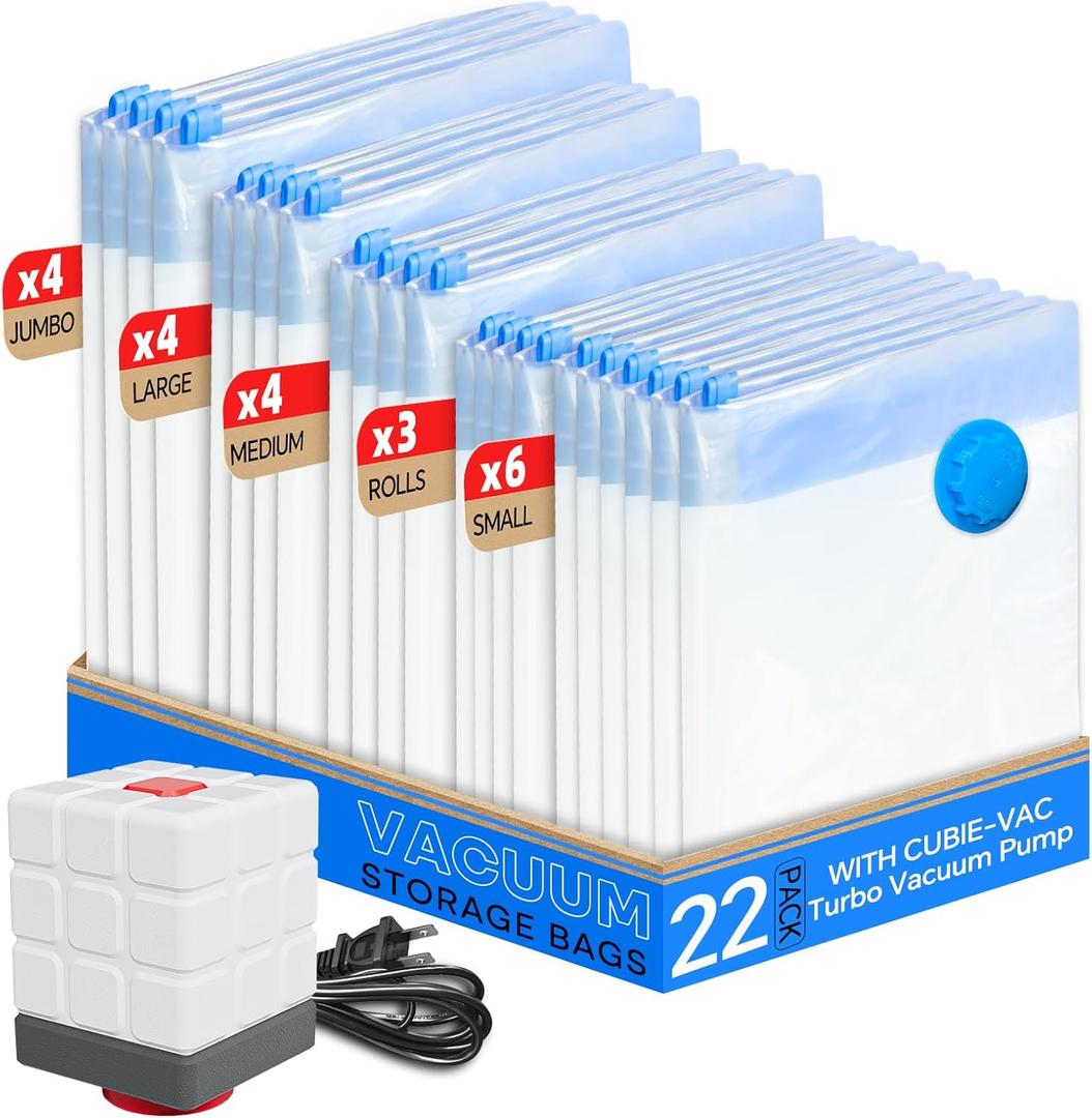 Vacuum Seal Bags for Clothing, 22 Pack Vacuum Storage Bags (4 Jumbo, 4 Large, 4 Medium, 6 Small, 4 Roll) for Clothes Comforters, Travel Space Saver Bag with Compact Electric Pump (2025 Upgrade)