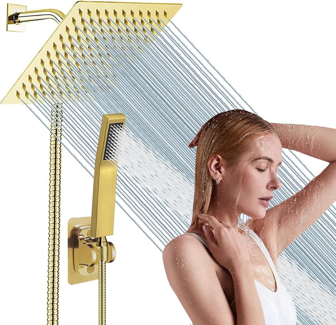 Gold High Pressure Square Rain Shower Head And All Metal Handheld Shower, Equipped With 78"Hose, 3 Way Diverter Valve,Adhesive Shower Head Holder, Luxury Shower Combo (6)