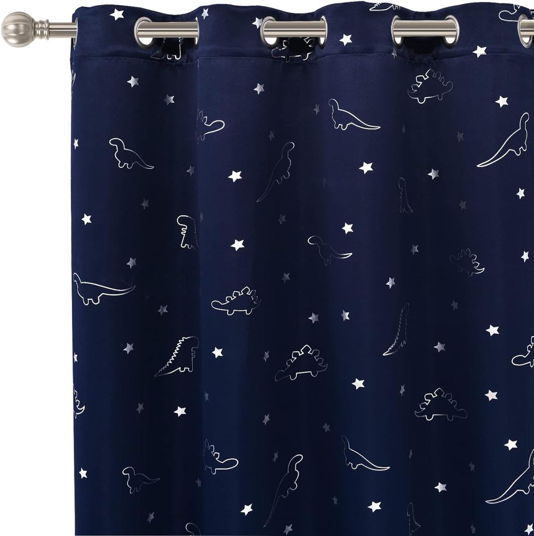 LORDTEX Dinosaur and Star Foil Print Blackout Curtains for Kids Room - Thermal Insulated Curtains Noise Reducing Window Drapes for Boys and Girls Bedroom, 52 x 63 Inch, Navy, Set of 2 Panels