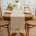 Alsoo Table Runners 108 Inches Long, Rustic Table Runner with Tassels, Boho Farmhouse Linen Texture Table Decor for Holiday Party and Wedding, 13x108 Inches, Beige