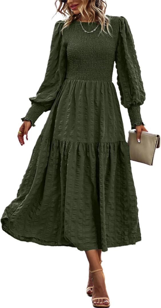 PRETTYGARDEN Women 2026 Spring Puff Long Sleeve Crewneck Smocked Maxi Dress Empire Waist Tiered A-line Swing Flowy Long Dress (L)