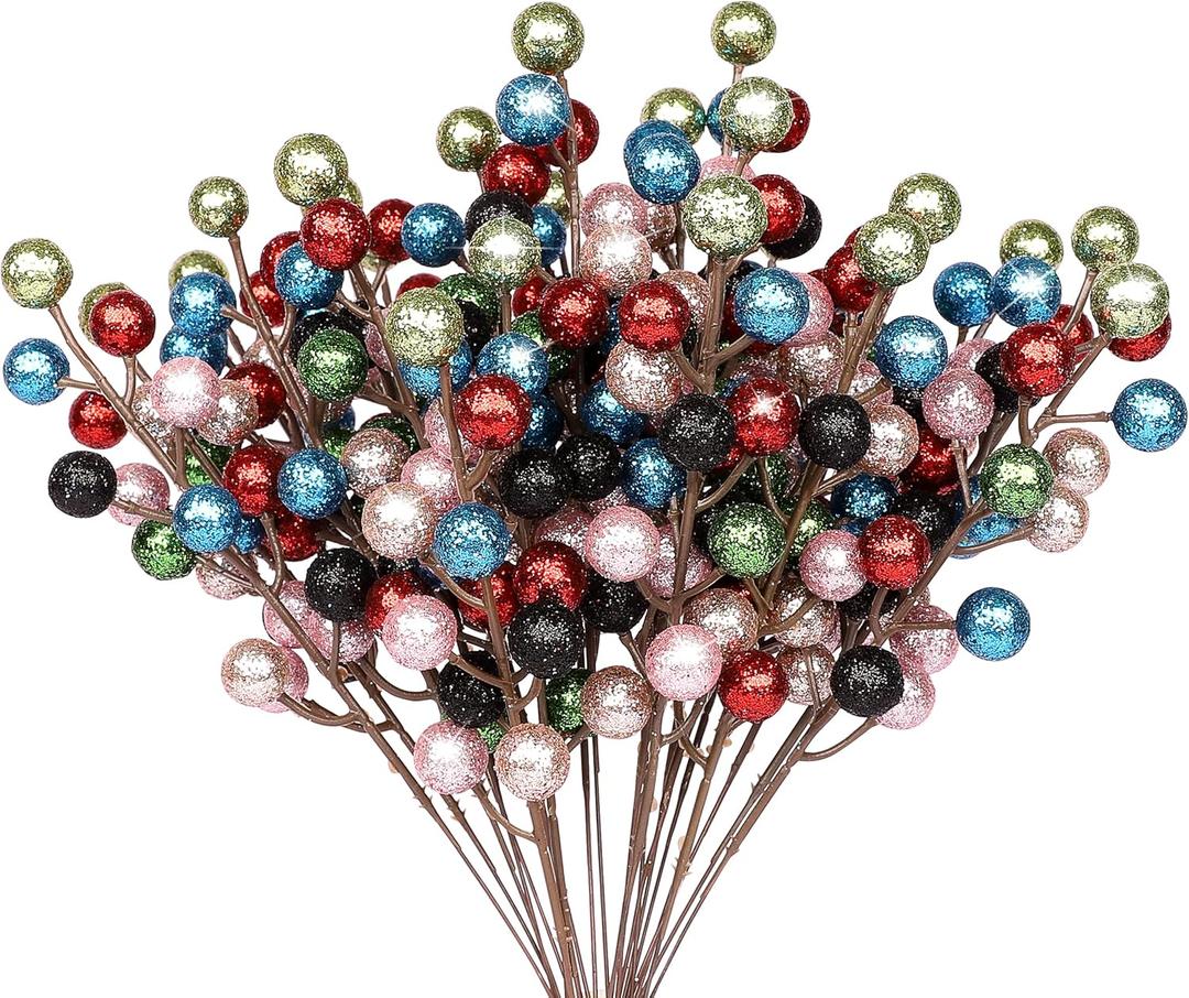 HOHOTIME 24 Pack Artificial Berry Stems Branches, Christmas Faux Holly Colorful Berries Branches Ornaments for Christmas Tree Wreath DIY Craft Decorations Holiday Home Decor(Colorful)