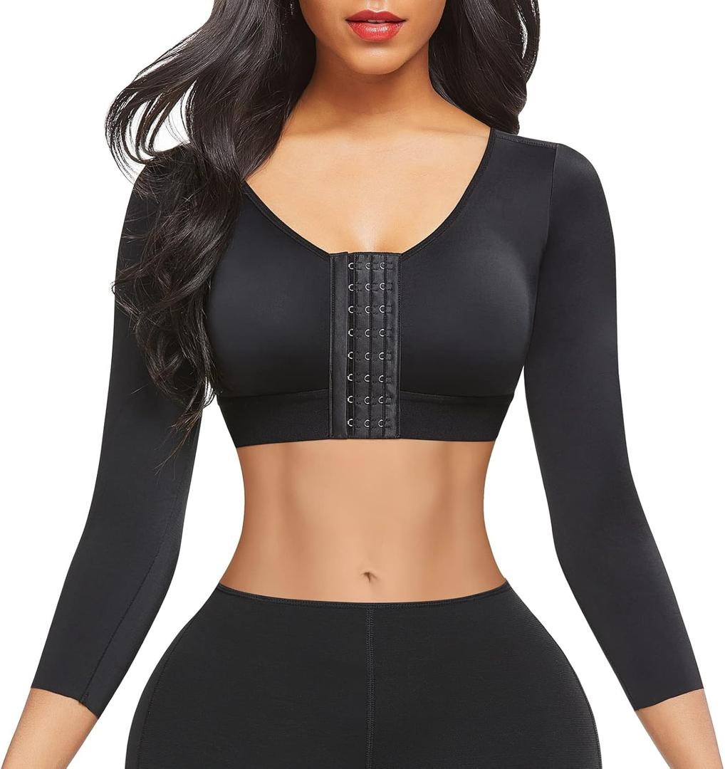 FeelinGirl Arm Shaper for Women Post Surgery Arm Lipo Compression Sleeves Slimming Arm Front Closure Shapewear Bra (Large, Black)