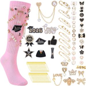 JATEBI 2026 Graduation Junk Sock Charm Bullk with 78pcs Gold Brooches Pins, 8pcs Senior Grad Patches for DIY Decor(Pink Socks)