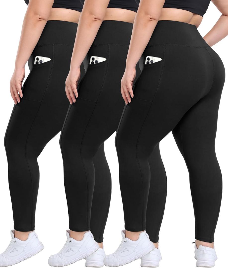 3 Pack Plus Size Leggings with Pockets for Women - High Waisted Tummy Control Spandex Soft Black Workout Yoga Pants (Black, XXL)