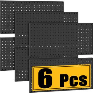 6 Pcs Metal Pegboard Panels, Heavy Duty Peg Boards for Garage and Garden Tool Storage, Includes Drywall Anchors and Screws Kits, Black (72 in x 24 in)