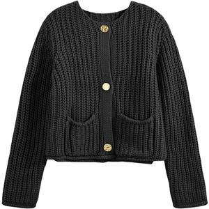 Saodimallsu Womens Button Up Sweaters Fall Chunky Knit Cropped Trendy Crewneck Loose Cardigan with Pockets (Small, Black)