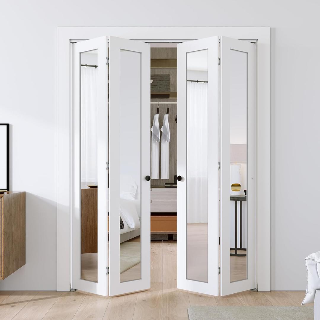 SMARTSTANDARD Bifold Doors, Mirror Closet Doors for 60''15" x4 x 80" with Sliding Hardware Kit Set, Interior Bi Fold Door for Closet, Easy Install, MDF, White