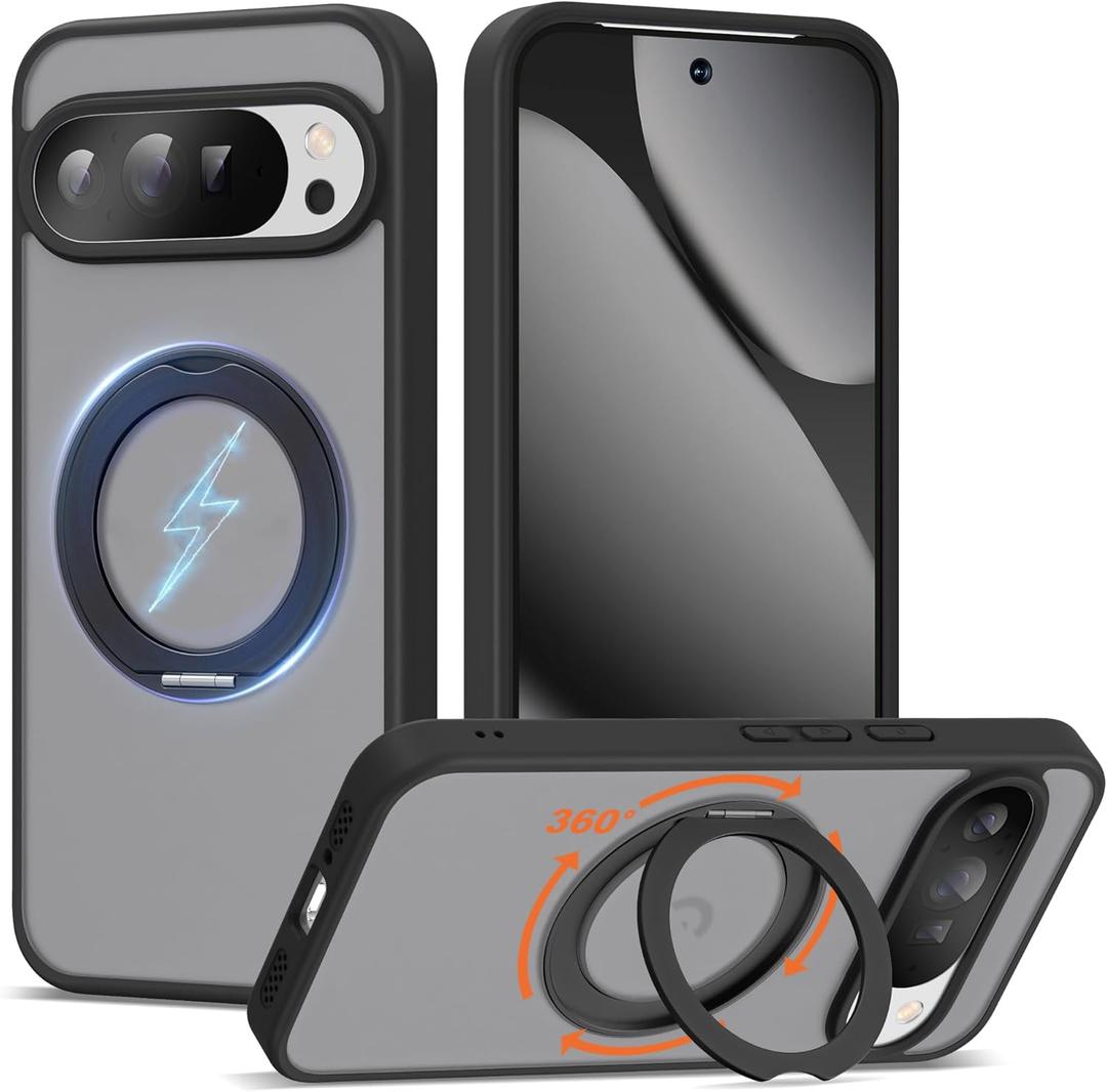 Compatible with Google Pixel 9 Pro XL/Pixel 10 Pro XL Case with 360 Magnetic Ring Stand [Compatible with Mag-Safe] Shockproof Translucent Phone Case 6.8" for Women Men, Black