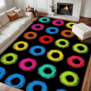 9x12 Area Rugs for Classroom Boho Washable Rug for Playroom Abstract Black Colorful Handpainted Circles Rings Geometric Carpet for Kids Soft Rubber Backed Non-Slip Carpets for School Learning Room