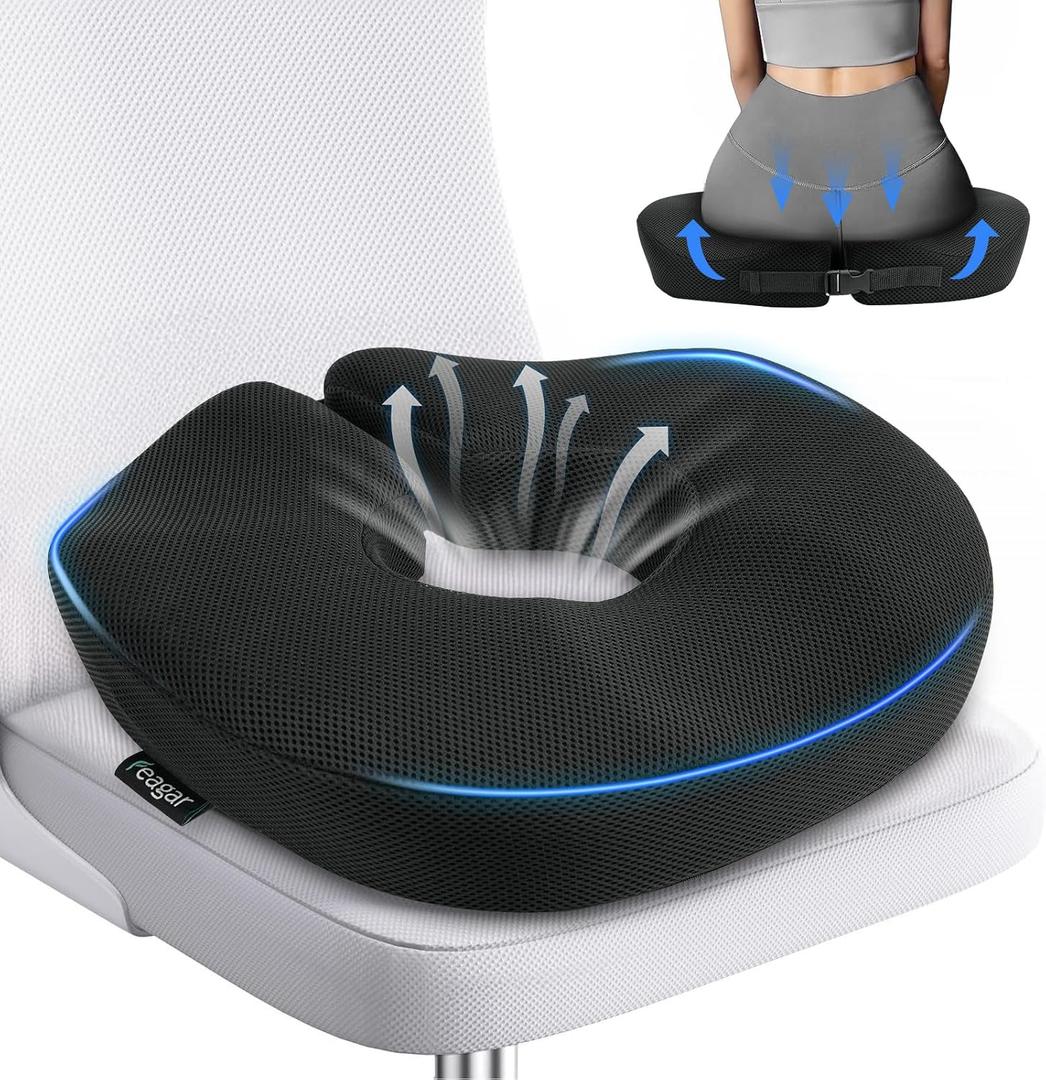 Feagar Donut Pillow for Tailbone Pain Relief - Hemorrhoid Pillow with Memory Foam for Coccyx, Sciatica, Pressure Sores, Office Chair Cushion for Pregnancy, Postpartum & Surgery Recovery(Black) (Regular)