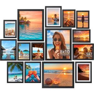 HappyHapi 15 Pack Picture Frames Collage Wall Decor, Black Gallery Wall Frame Set, Wall or Tabletop Display, Multi Sizes including 3pcs 8x10, 6pcs 5x7, 6pcs 4x6, 9.05 x 11.81 inches
