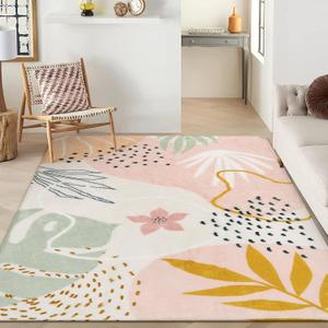 Lahome Washable Pink Area Rug 9x12 - Living Room Carpet Non-Slip Backing Ultra-Thin Extra Large Lightweight Throw Non Shedding Dining Room Rug, Boho Botanical Print Rug for Bedroom Guest Room Home