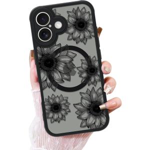 OOK Black Case Design for iPhone 16 Case [Compatible with MagSafe], Cute Sunflower Floral Blooms Design Frosted Shockproof for Women Girls Magnetic Phone Cover - Black Flower