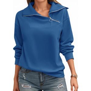 Womens Zipper Sweatshirt Turtleneck Long Sleeve Pullover Casual Loose Sweatshirts Top T Shirts (Blue, L)