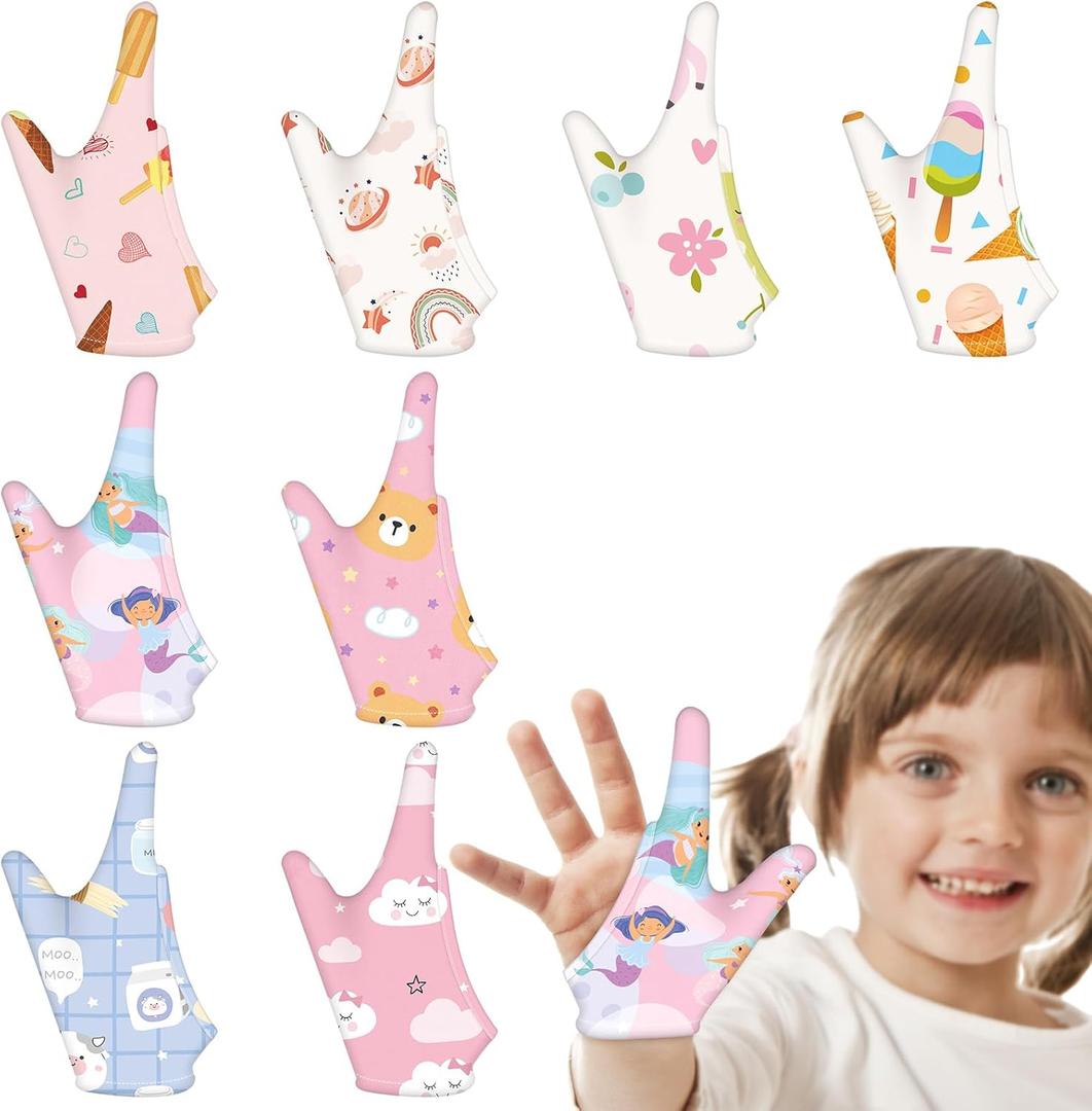 16 Pcs 3-6 Years Thumb Sucking Guard Gloves for Kids Stop Thumb Sucking Chewy Compression Gloves Breathable Finger Nail Biting Stopper for Girls Boys 8 Cute Style, 8 Pairs