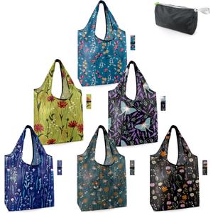 BeeGreen Aesthetic Tote Bags Flowering Shrub Gifts for Women Travel Floral Reusable Grocery Bags Shopping Bags Bulk 6 Pack 50LBS X-Large Foldable-Machine Washable (Blue Black Dark Green Yellow Purple)