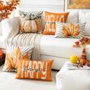Artscope Fall Decorative Throw Pillow Covers 20x20 Inch Set of 4, Hello Happy Autumn Pumpkin Striped Maple Leaves Harvest Outdoor Farmhouse Pillow Cases for Home Sofa Couch-Orange D