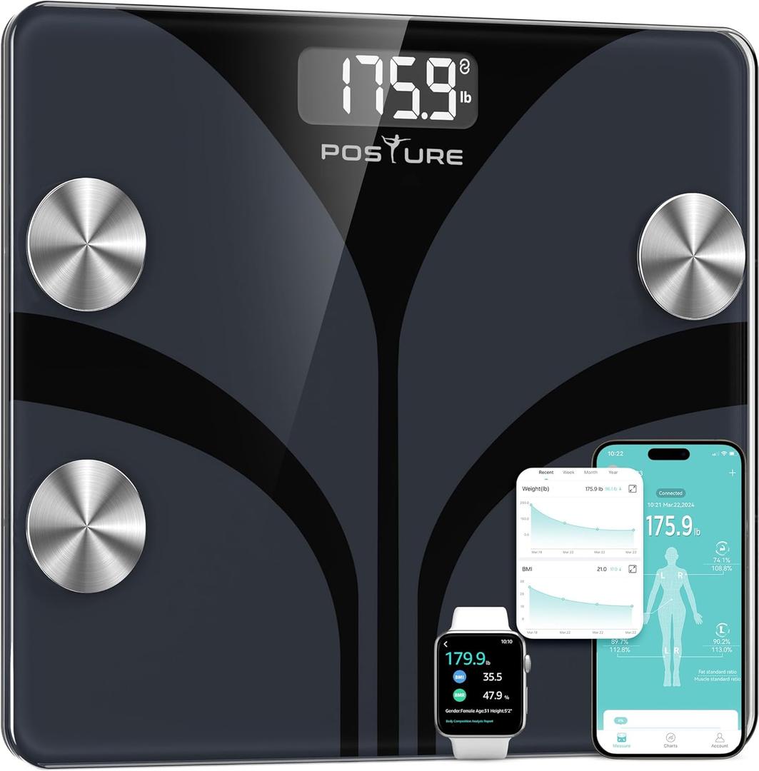 Posture Scale for Body Weight, Digital Bathroom Smart Scale, 13 Body Composition Analyzer Sync Weight Scale BMI Health Monitor Sync Apps 400lbs - Black (11.8*10.2)