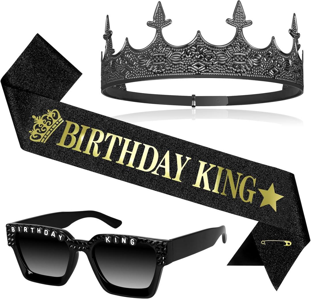 Edussy 3 pcs Black Birthday Decorations for Men Set,Happy Birthdays Sunglasses ,Gothic Birthdays King Crown and Sash for Birthday Gifts for Men and Him