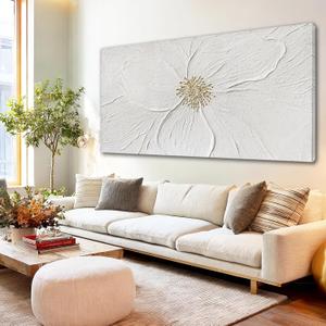 Large Floral Abstract Wall Art, Hand Painted Textured Canvas with Soft Organic Petal Forms, Ivory and Beige Tones with Gold Accents, Oversized Modern Statement Wall Decor, Gallery Wrapped, 29x58 Inch