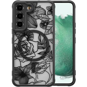 XIZYO Magnetic Case for Samsung Galaxy S22 Plus Floral Rose Flower Cute [Compatible with Magsafe] for Women Girls Aesthetic Pattern Slim TPU Shockproof Bumper Cover, Black