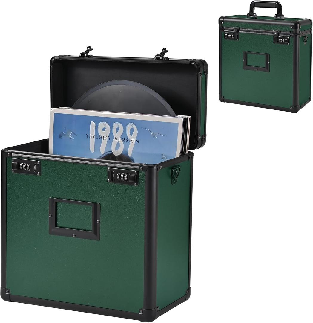 Vinyl Record Storage Case, Album Collection Organizer Box, Lockable LP Record Holder with Combination Lock, Holds 30+ Albums, Water Resistant Shell with Handle & Shoulder Strap, Black Green