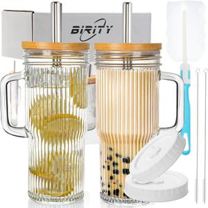 Birity 24oz Ribbed Glass Cup with Lids and Straws,2Pack Glass Tumbler with Handle,Reusable lced Coffee Cups with lids-Glass Cups with Lids,Mason Jar Cup for Smoothie,Coffee,Juice,Water,Tea,Travel Mug