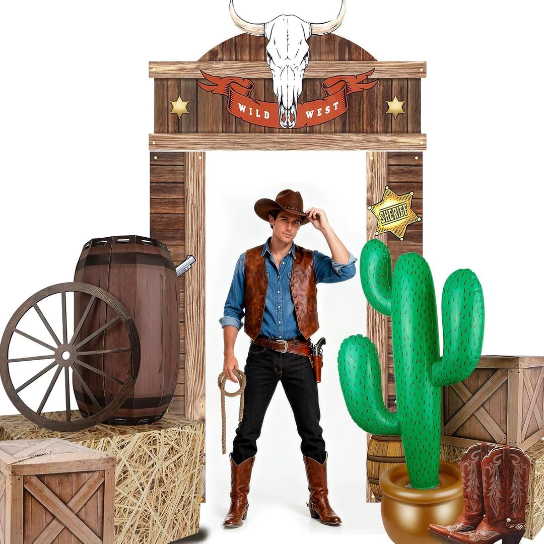 Western Party Decorations, 10Pcs Cowboy Rodeo Theme Wild West Trunk or Treat Car Decor Kit with Inflatable Cactus Props, Backdrop Banner, Hay Bales & Wagon Wheel Saloon Supplies