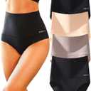 FINETOO Tummy Control Underwear for Women High Waisted Nylon Brief No Show Womens Bikini Seamless Panties 4pack S-XXXL (X-Large, Black+Black+Nude+Khaki)