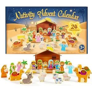 Nativity Advent Calendar for Kids, 24 Day Wooden Nativity Scene for Toddlers with 19 Wooden Figurine and Stable Christian Countdown Gifts for Kids