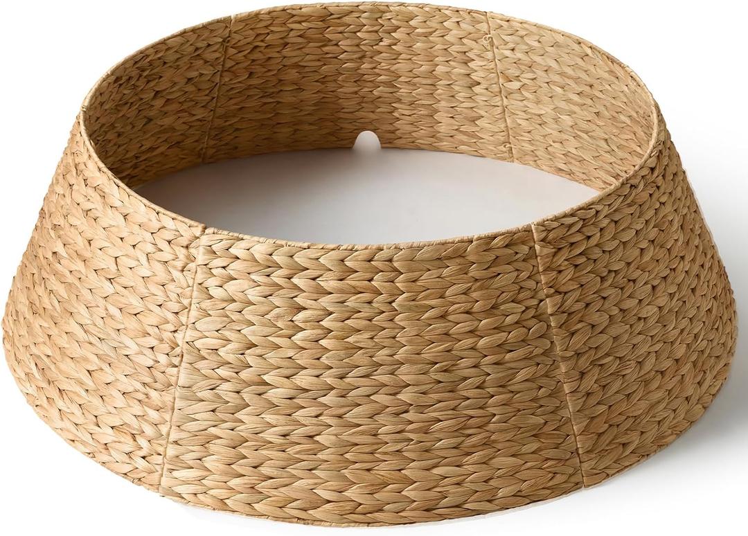 42in Extra Large Christmas Tree Collar - Woven Hyacinth Tree Collars for Artificial Trees - Rattan Rustic Farmhouse Basket for Tree Base Cover with Cord Cut-Out for 9ft 10ft 12ft Tree (Natural)