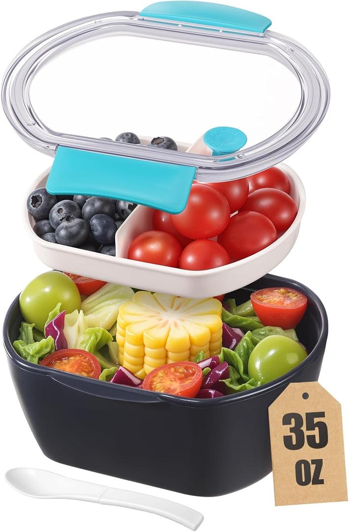 Small Salad Container for Lunch-35oz Divided Bento Box Lunch Box for Fresh Meals,Portable Salad Bowls To Go with 2-Compartment Tray Meal PrepLeak Proof Tritan Lid, Dishwasher & Microwave SafeNavy