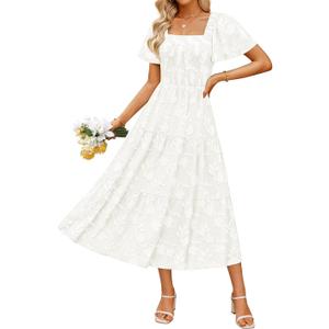 ZESICA Womens Summer Boho Floral Midi Dress 2026 Casual Short Sleeve Square Neck Flowy Beach Vacation Long Dress (Medium, White)