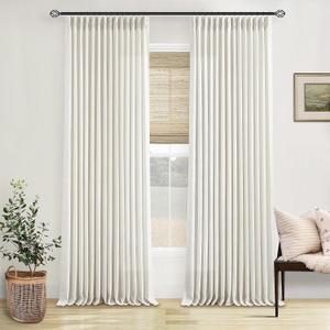 Pinch Pleated Linen Curtains 108 Inches Long for Living Room 2 Panels Set Cream Ivory Flax Double Pleated Drapes Back Tab Neutral Boho Ceiling Floor 108 Inch Window Curtains Bedroom Natural Birch, 40"W x 108"L