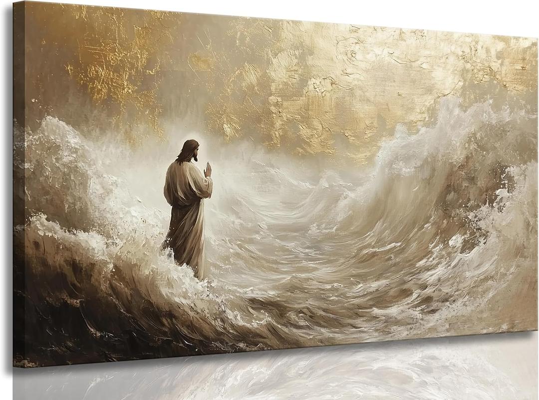 Jesus Walking on Water Canvas Wall Art Christian Walking With God Paintings Pictures Wall Decor Religious Bible Stories Printing Artwork for Living Room Bedroom Church Home Decoration Ready To Hang