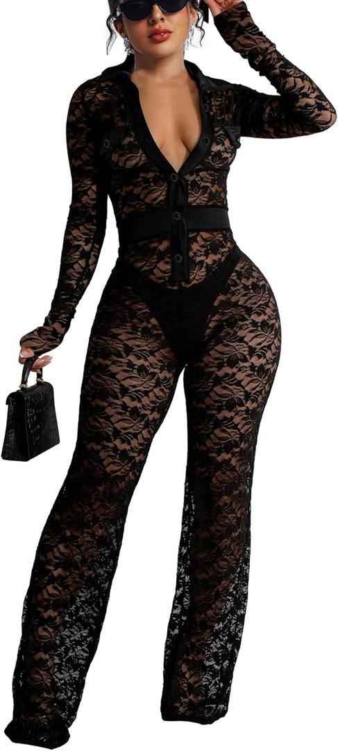 SxClub Clubwear Sexy Jumpsuit for Women Bodycon Long Sleeve See Through Long Skinny Pants for Evening Party (Small, Leaves/Black)