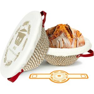 Banneton Bread Proofing Basket Set, 2 Pack Cotton Rope Sourdough Baskets with Liners, Cloth Covers & Silicone Baking Mat, Sourdough banneton basket for Sourdough Baking Supplies