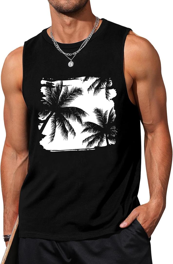 Mens Tank Tops Beach Summer Sleeveless Shirts Graphic Palm Tree Vacation Tanks Muscle Gym Tank Top (Large, Black-1)